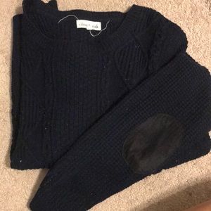 Waffle knitted navy sweater with black elbow pads